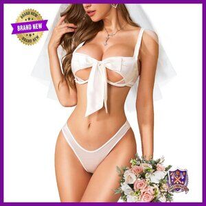 Satin Bow Lingerie Set with Underwire Bra & Thong - Special Occasion
